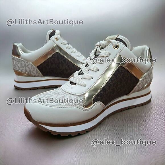 NIB Michael Kors Maddy Vanilla/ Brown Two-Tone Logo Trainer Women's Sneakers 5.5 - Picture 1 of 13